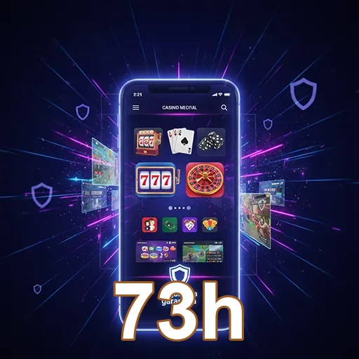 Interface móvel de cassino do site 73h, mostrando jogos e opções de apostas acessíveis.